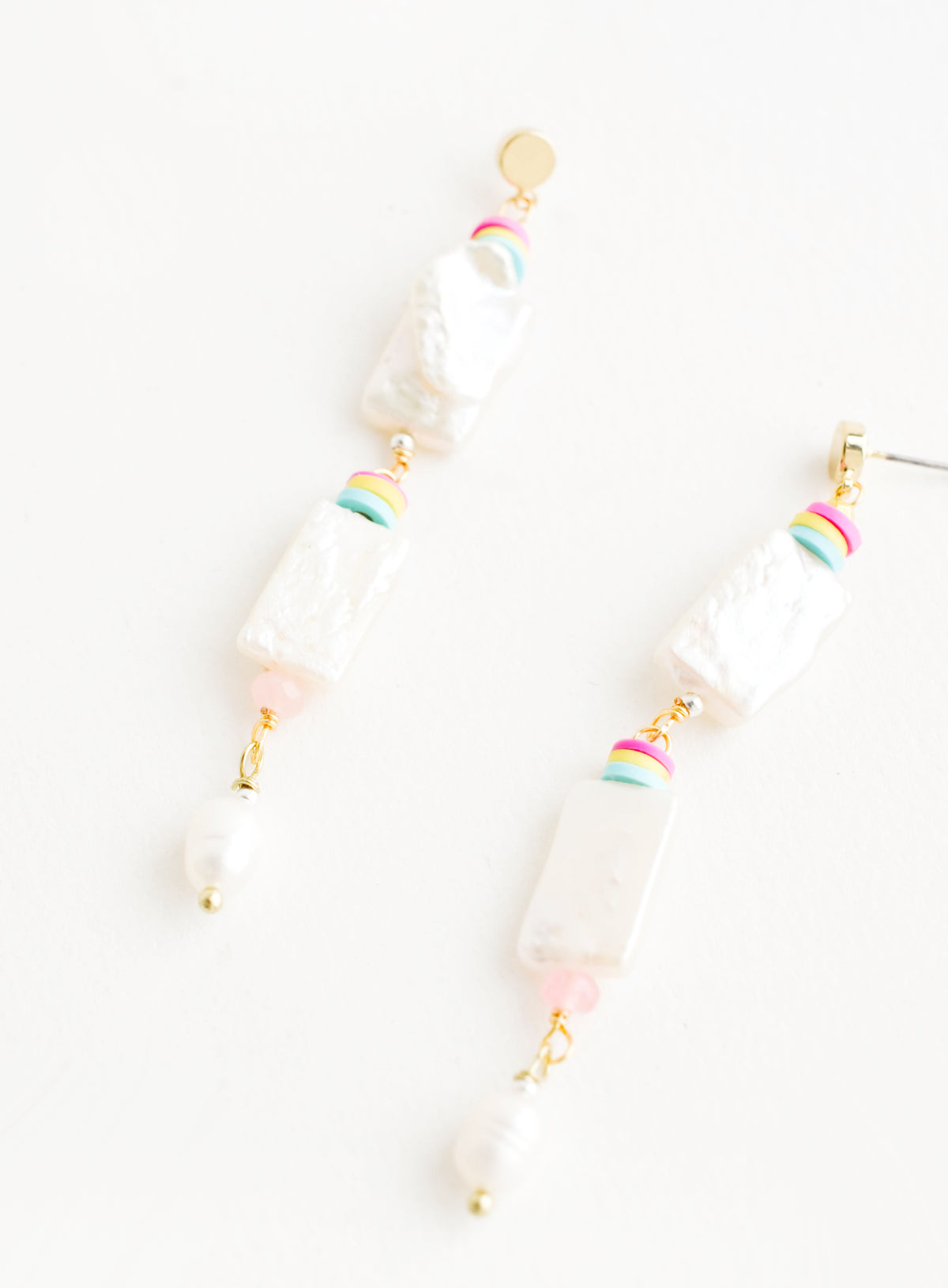 Dangling post-back earrings with rectangular freshwater pearls layered with colored heishi beads
