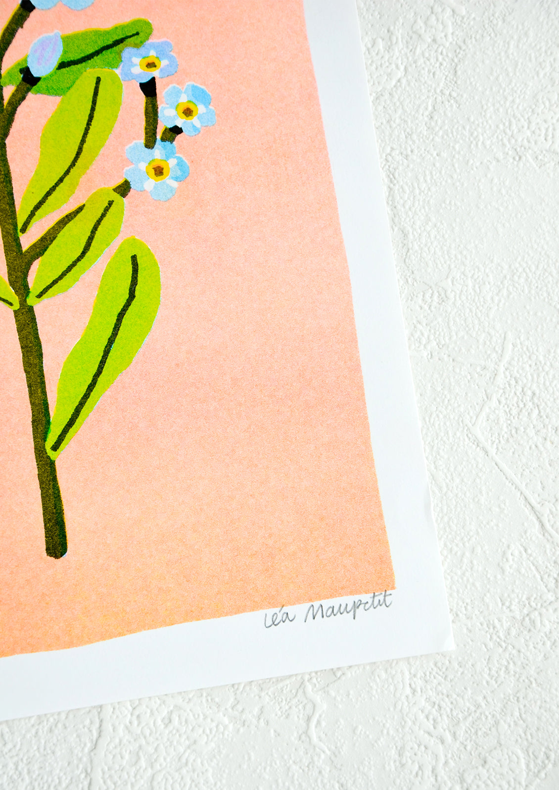 Artist's signature on corner of botanical risograph art print