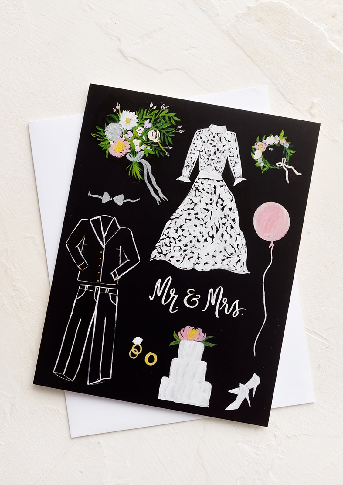 A greeting card with illustration of bride and groom things.