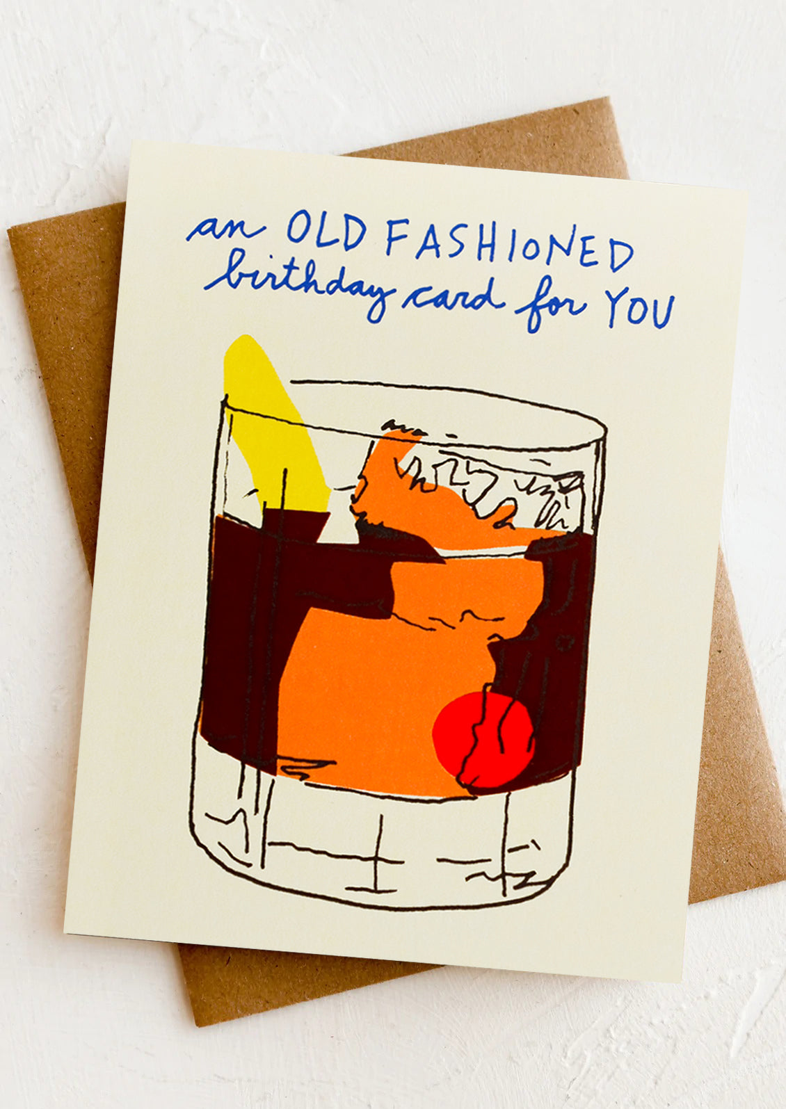 A card with drawing of old fashioned cocktail, text reading "An old fashioned birthday card for you".