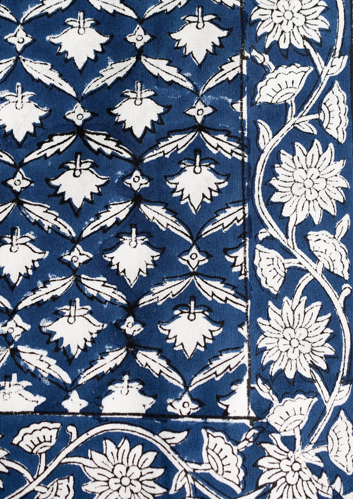 An indigo and white block printed fabric.