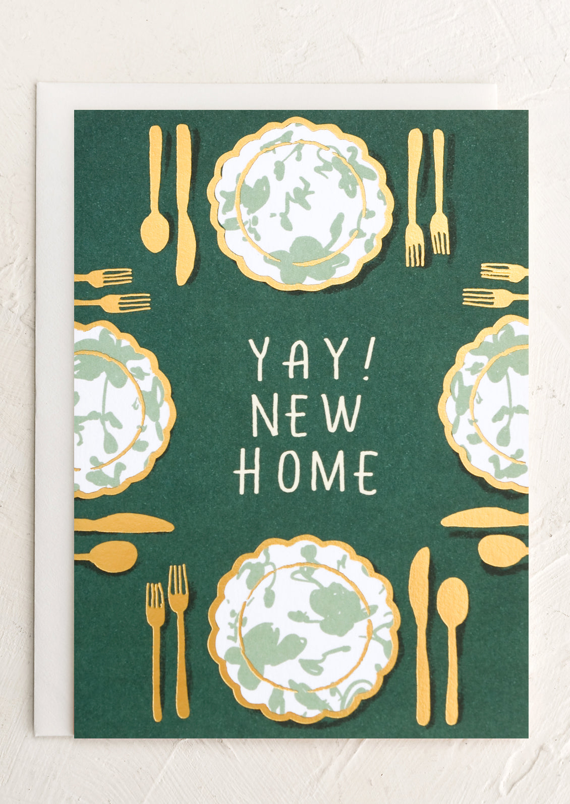 A card with illustration of green table setting, text reads "YAY! New Home".