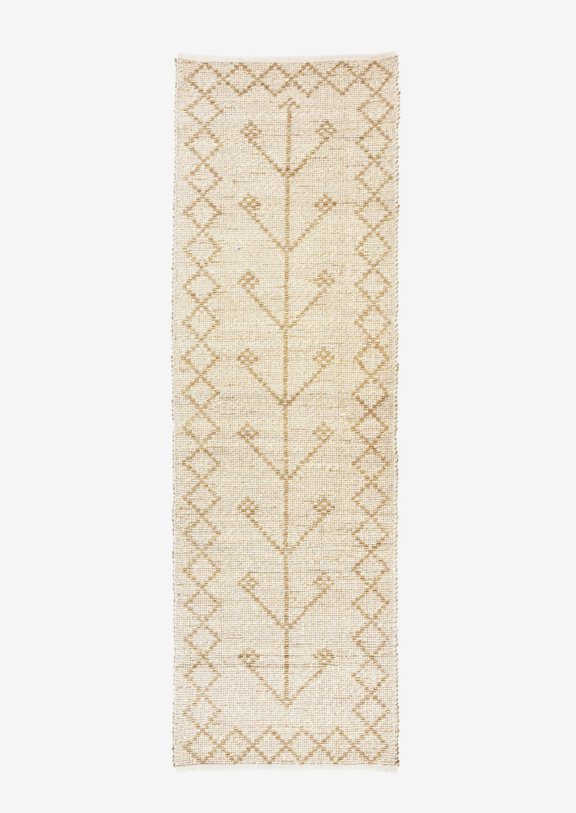 A seagrass runner rug in neutral color with talisman pattern and diamond border.