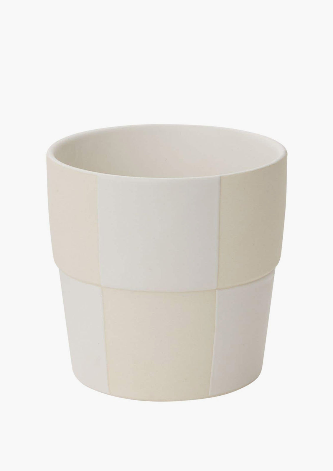 A medium cream and white checker patterned planter pot.