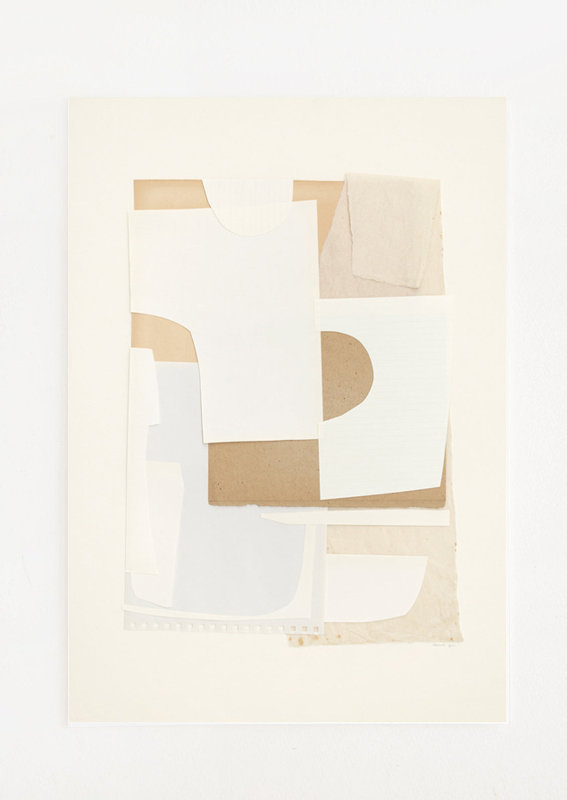 An abstract artwork with layers of cutout paper in neutral tones.