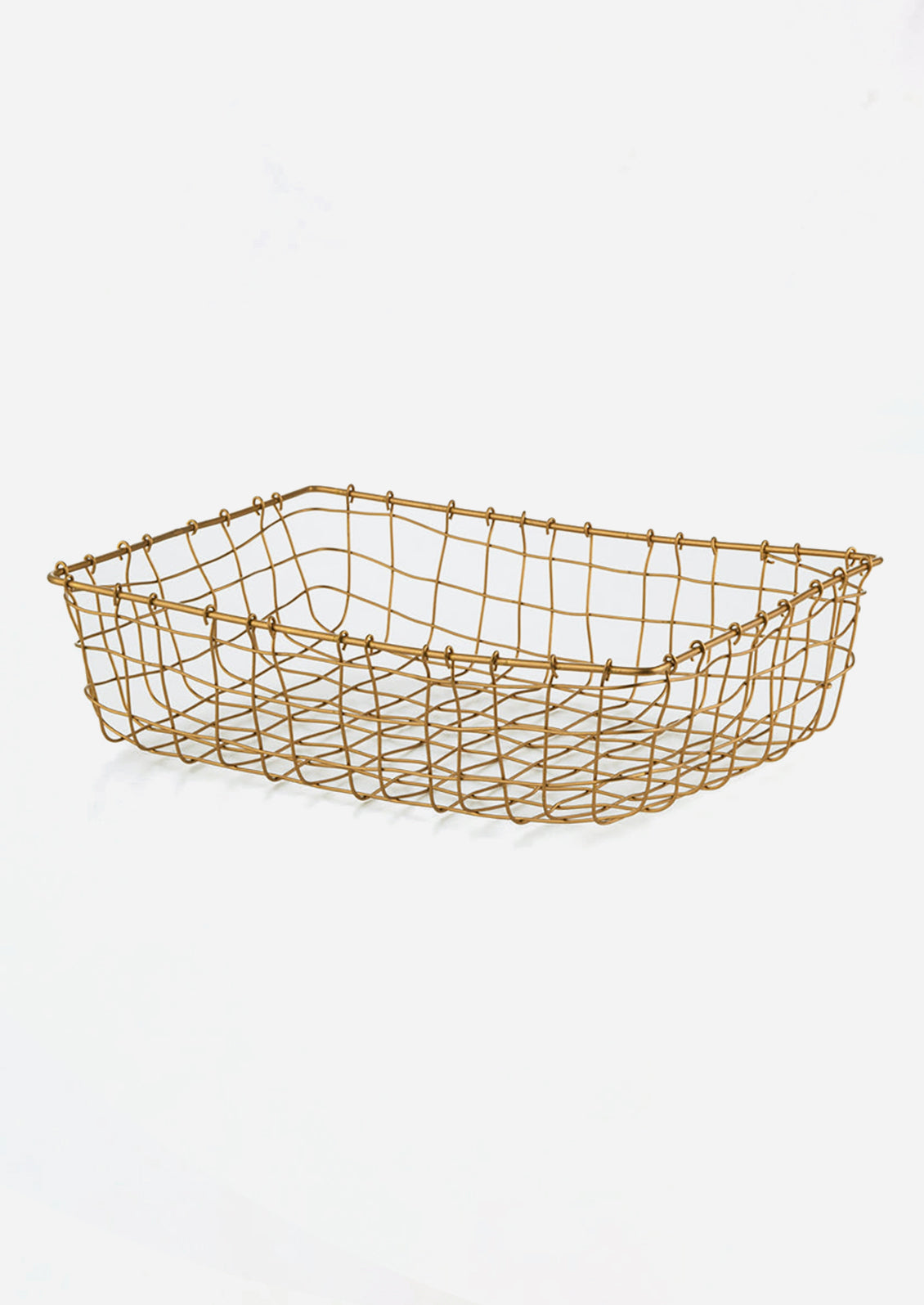 A shallow, rectangular basket made from brass wire.