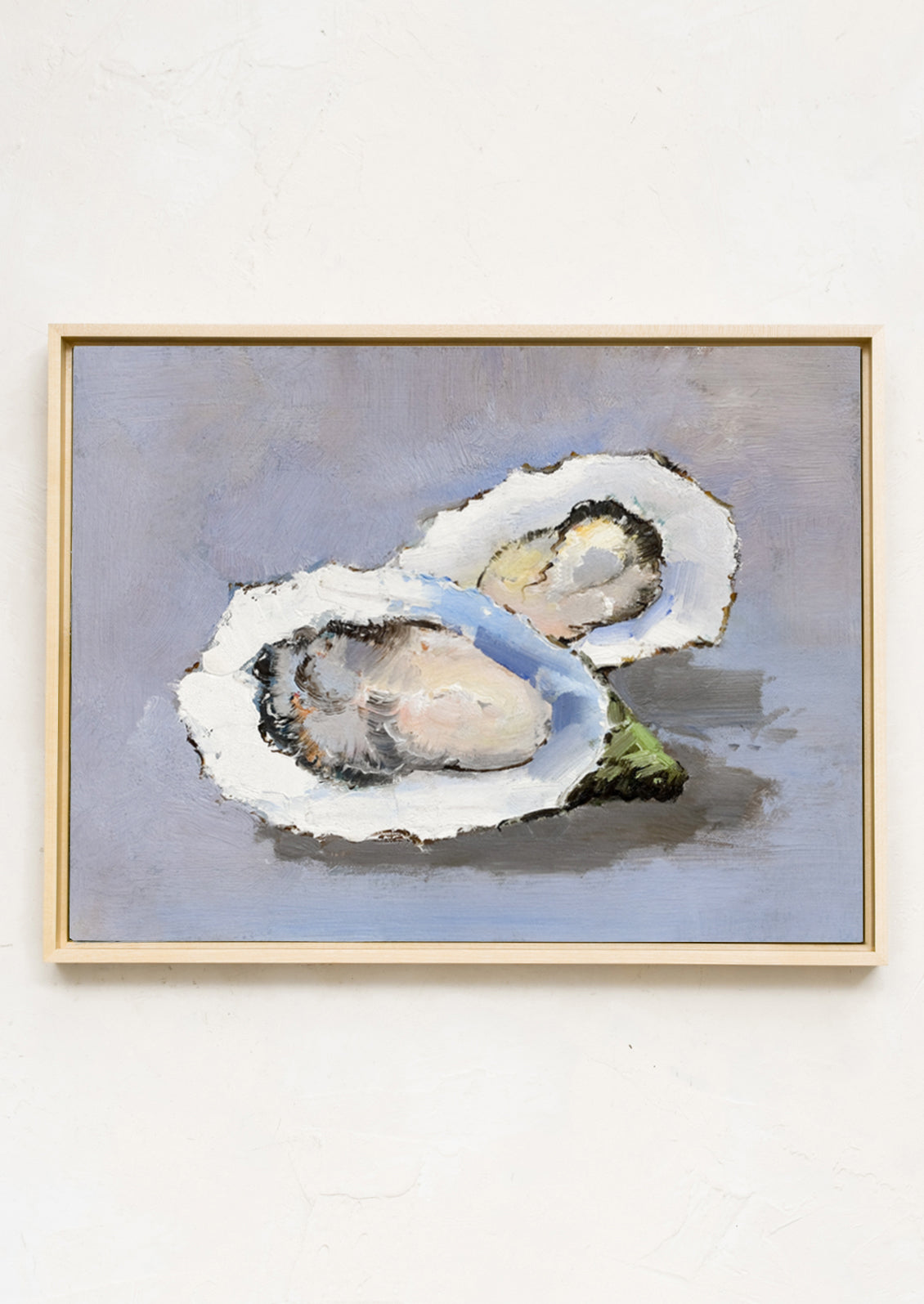 An oyster still life oil painting with blue-grey background.