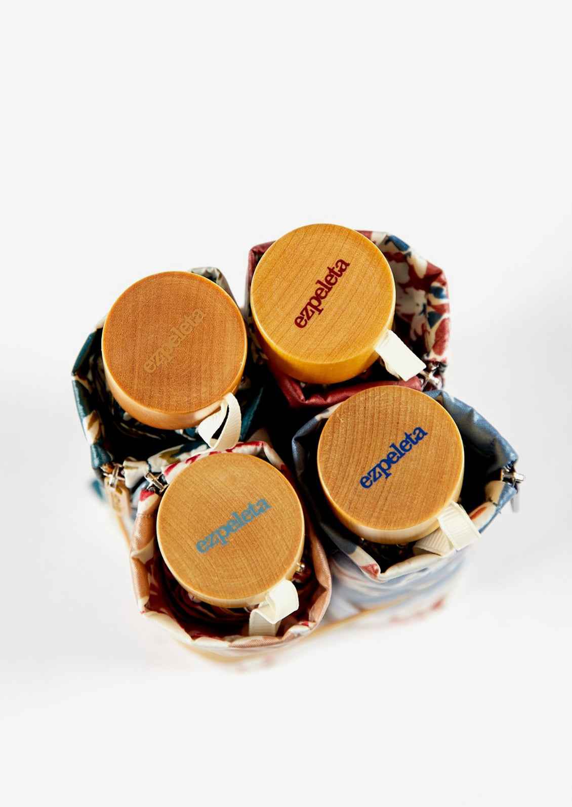 Wooden handles on umbrellas.