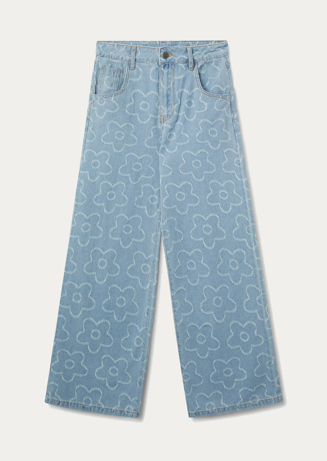 A pair of denim jeans with jacquard flower pattern throughout.