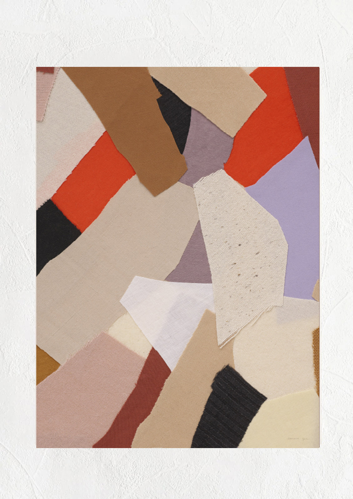 An art print of ripped layers of fabric layered on top of each other, in mix of colors.