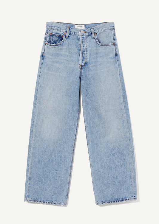 A pair of wide leg jeans in classic blue denim wash.