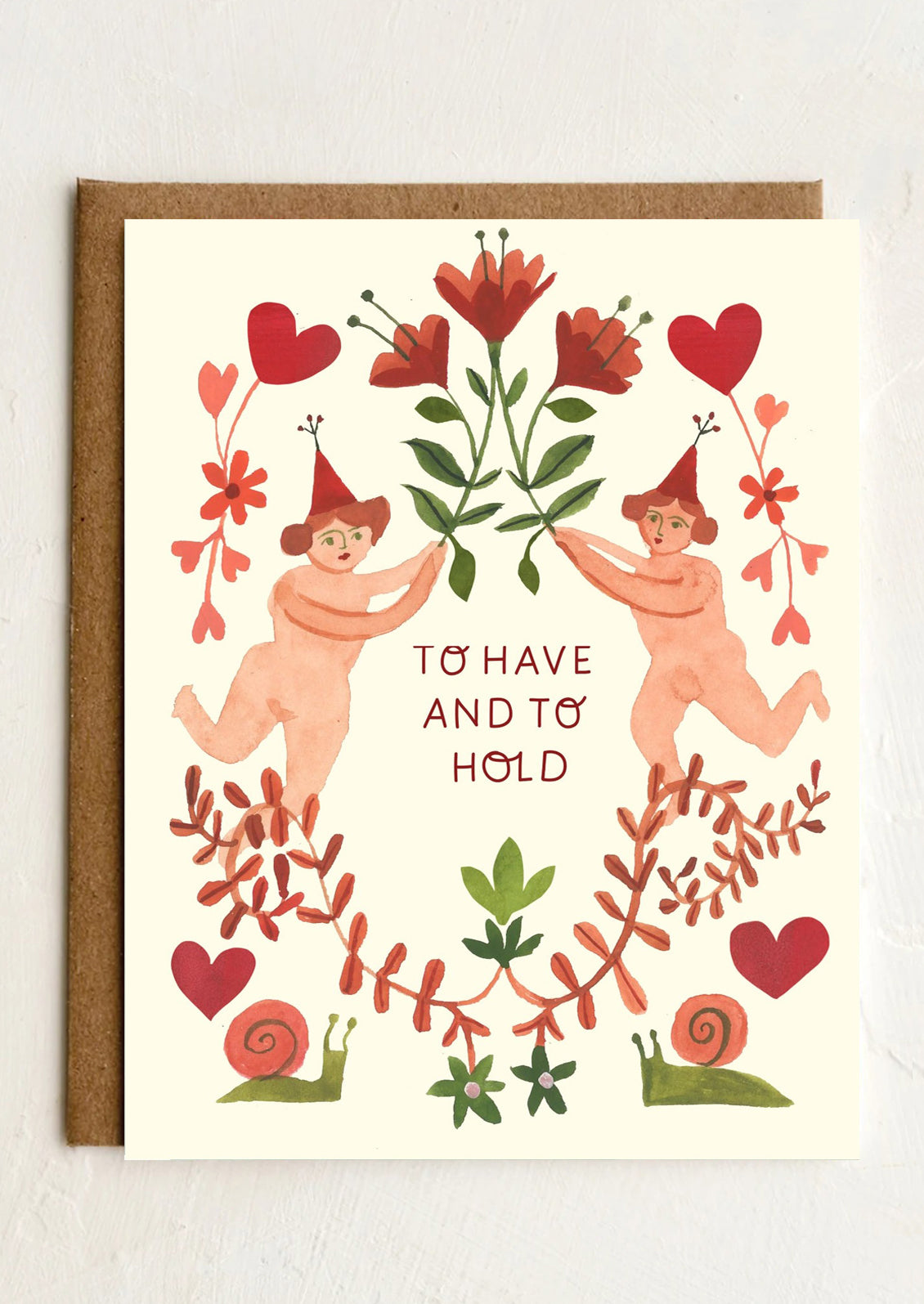 A card with naked cherub illustration, text reads "To Have and to Hold".