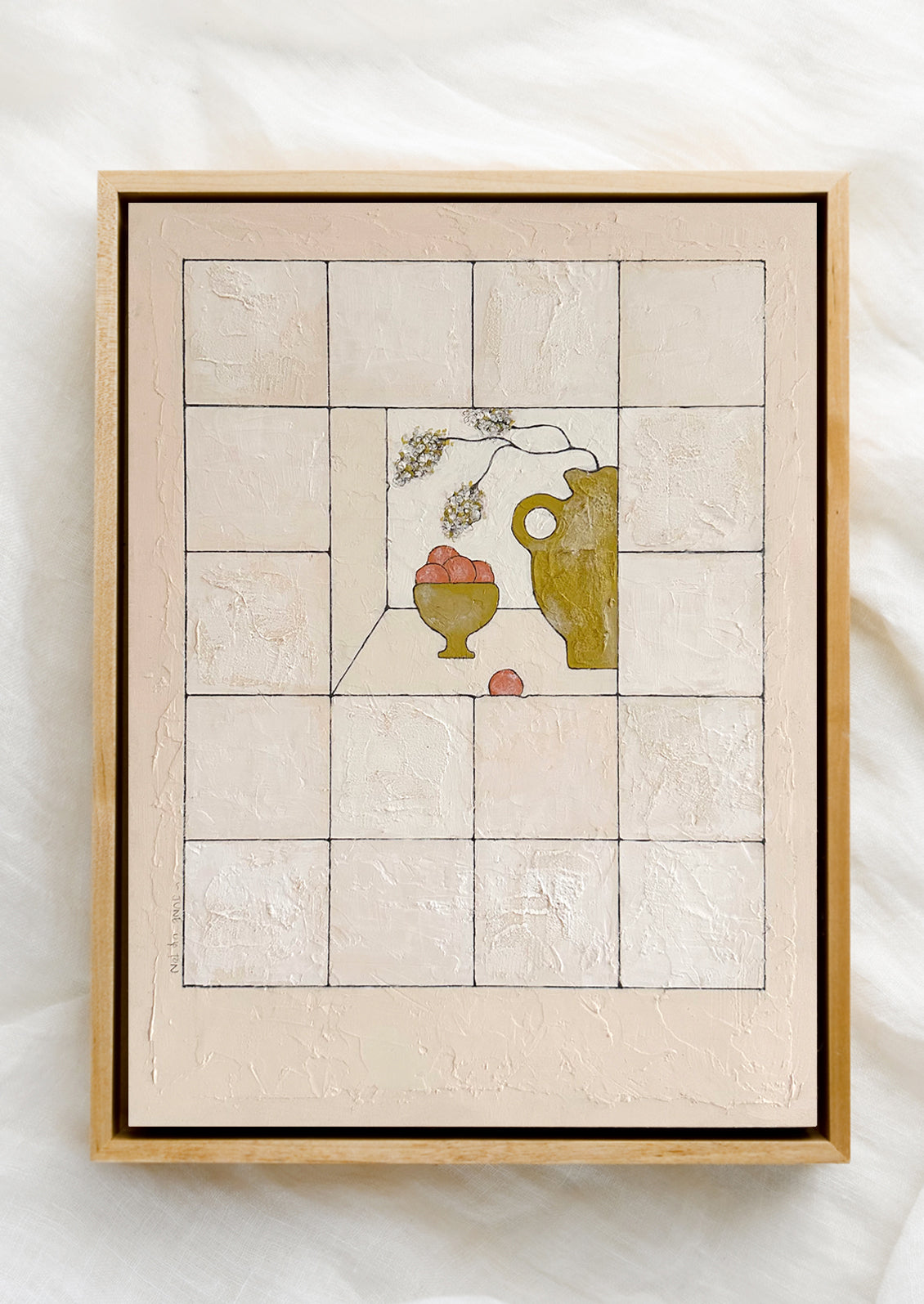 A still life painting with chartreuse vases and citrus on tile grid.