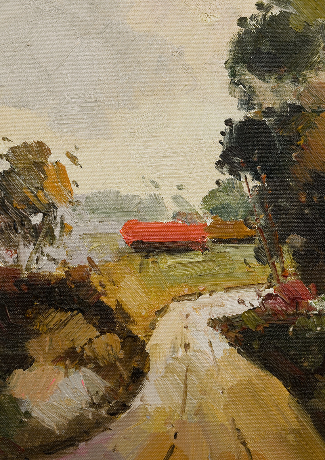 An original oil painting of landscape in thin maple frame.