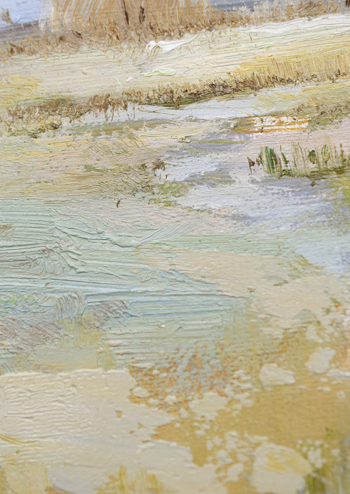 An original oil painting of a colorful meadow with blue stream running through it.