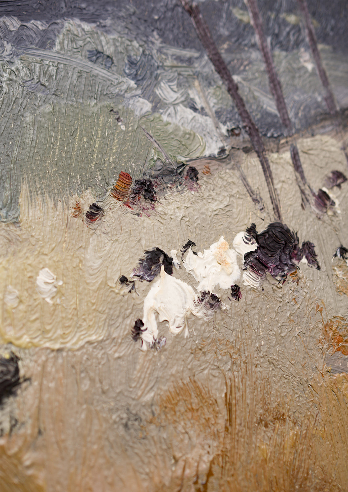 An original oil painting depicting a herd of sheep on a hill.
