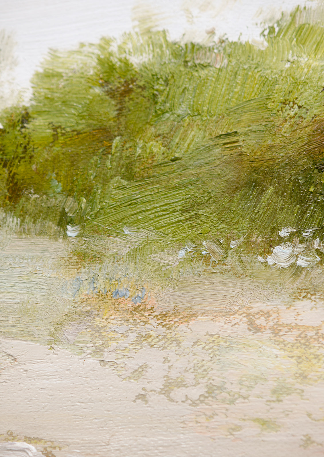 An oil painting of a tree by a marsh, in pastel hues.