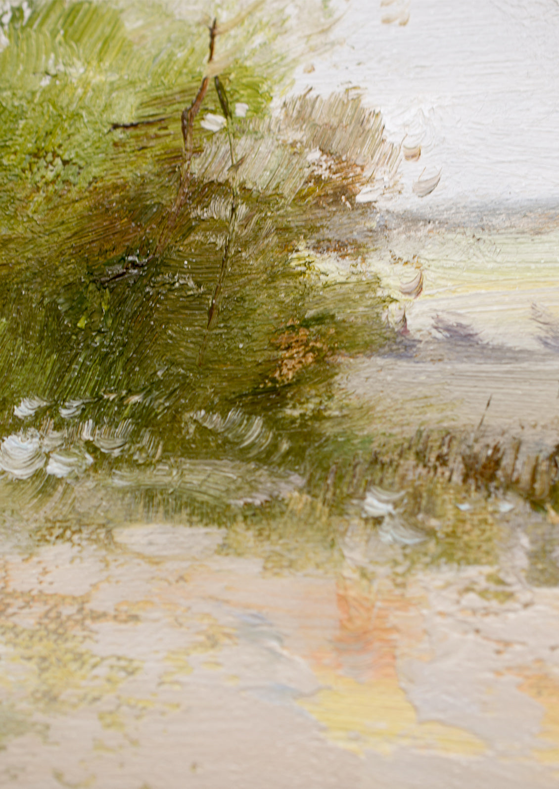 An oil painting of a tree by a marsh, in pastel hues.