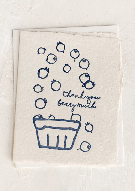 A greeting card with illustration of berries in basket, text reads "Thank you berry much".