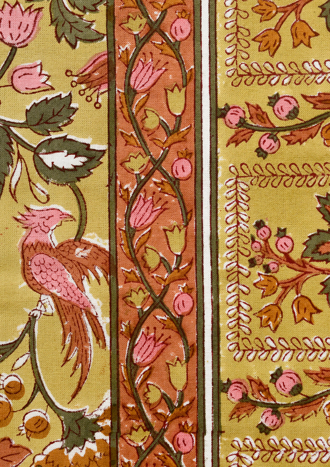 Decorative fabric with floral and bird patterns on a yellow background