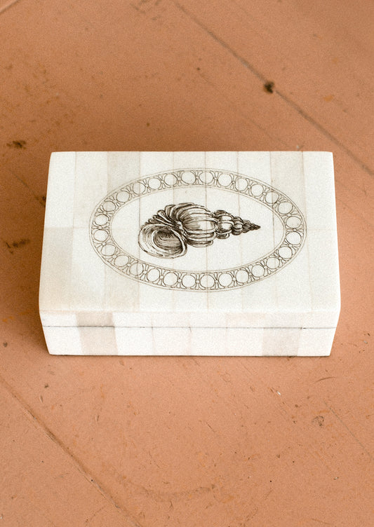 Decorative box with shell design on a brown surface