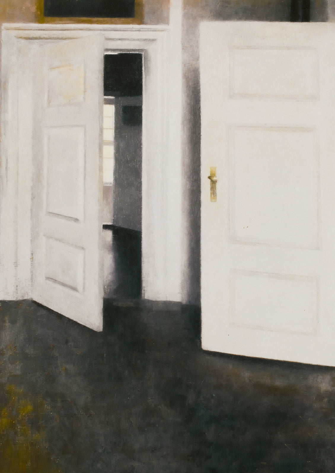 An art print of a room with two white doors.