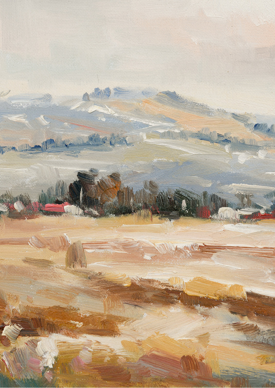 A landscape oil painting in muted fall tones.
