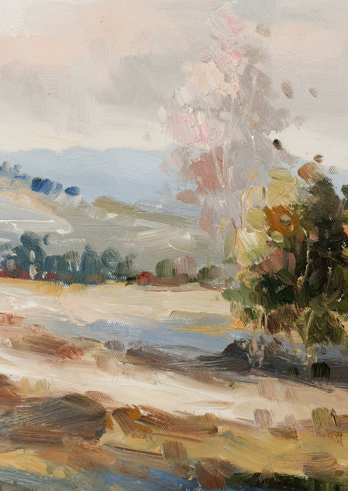 A landscape oil painting in muted fall tones.
