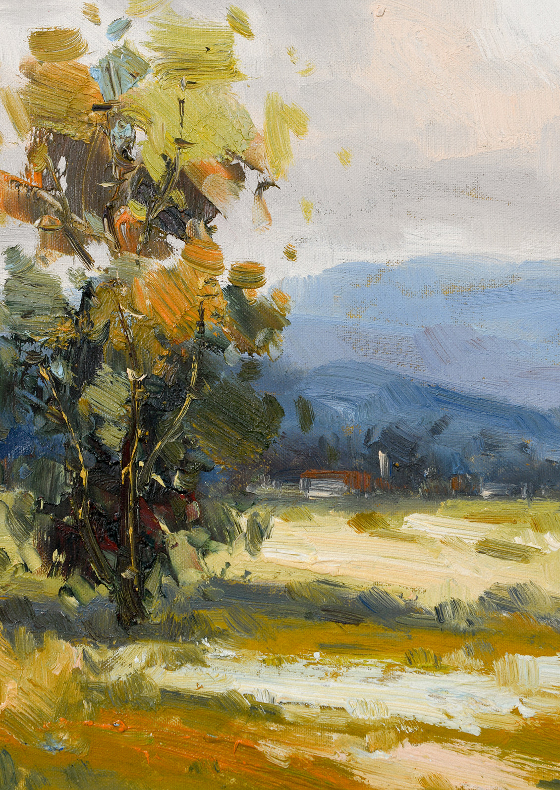 An original landscape oil painting of a field against mountainous backdrop.