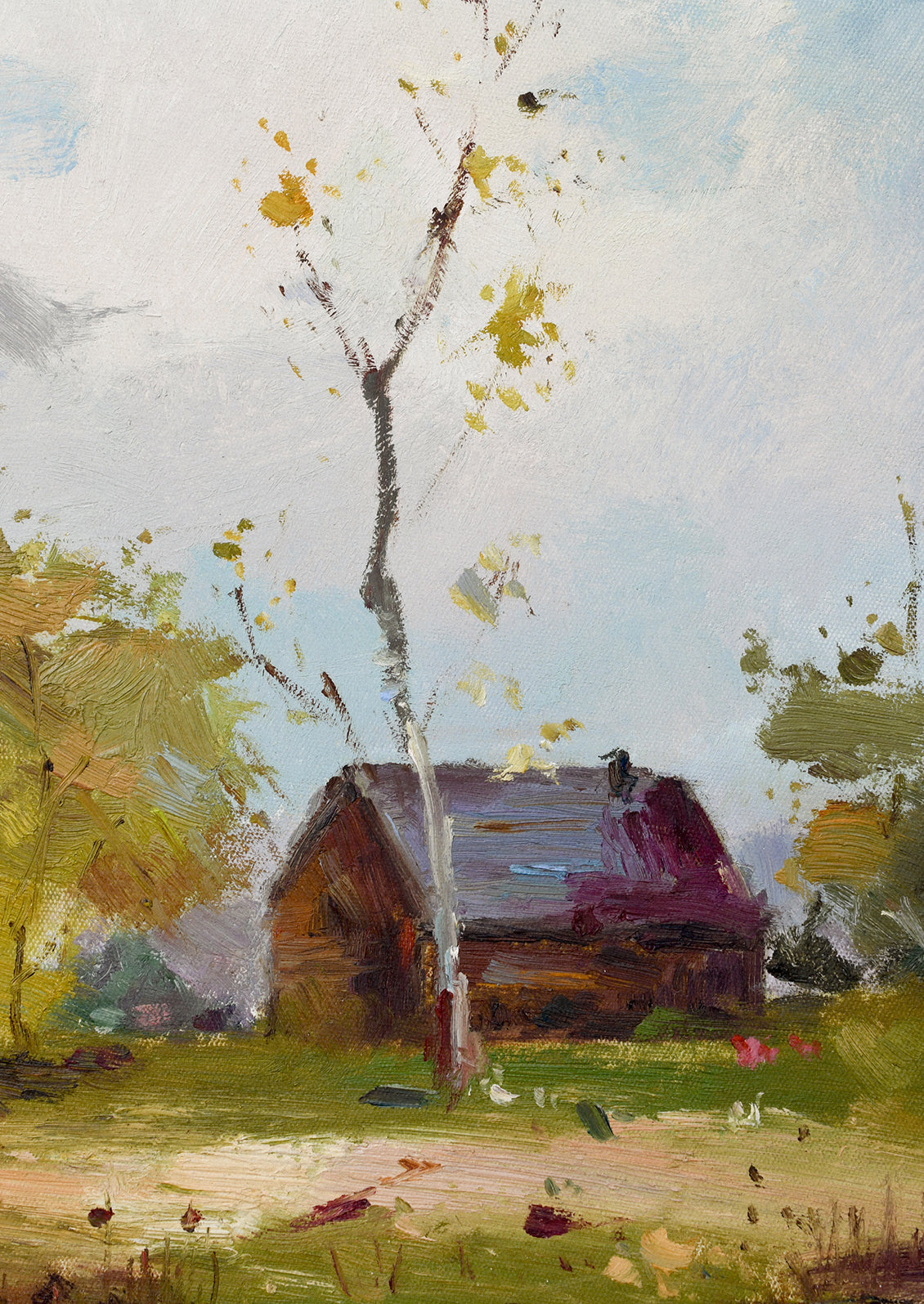 An original landscape oil painting of a countryside setting with a barn-like structure.