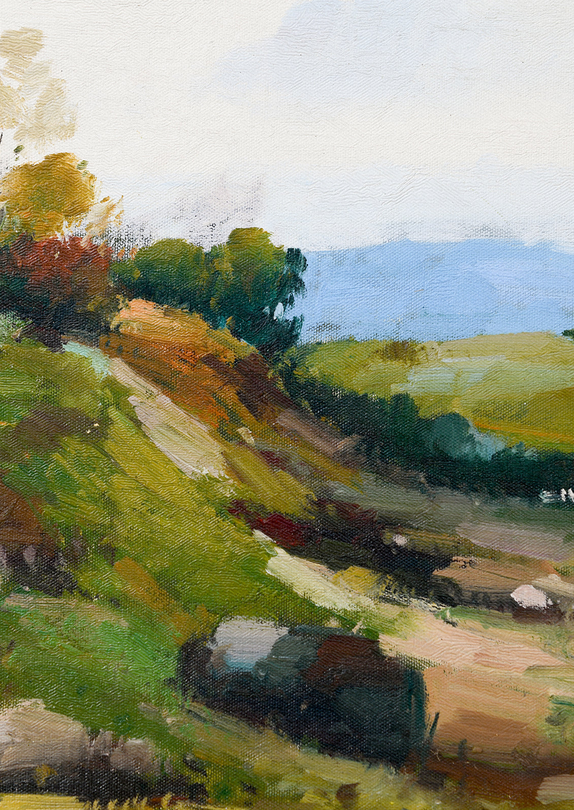 An original landscape oil painting in bright green and blue tones of a hillside in the country.