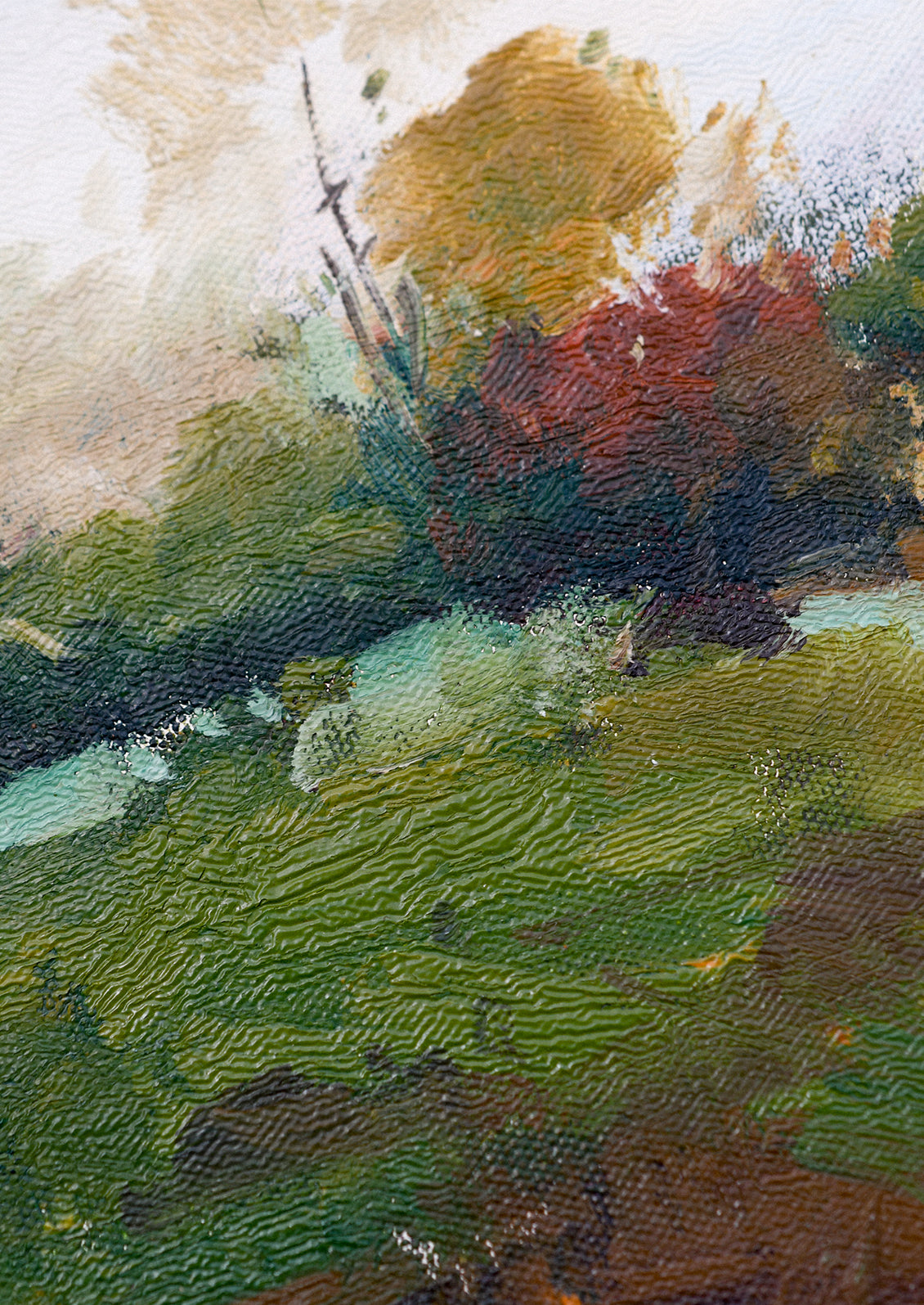 An original landscape oil painting in bright green and blue tones of a hillside in the country.