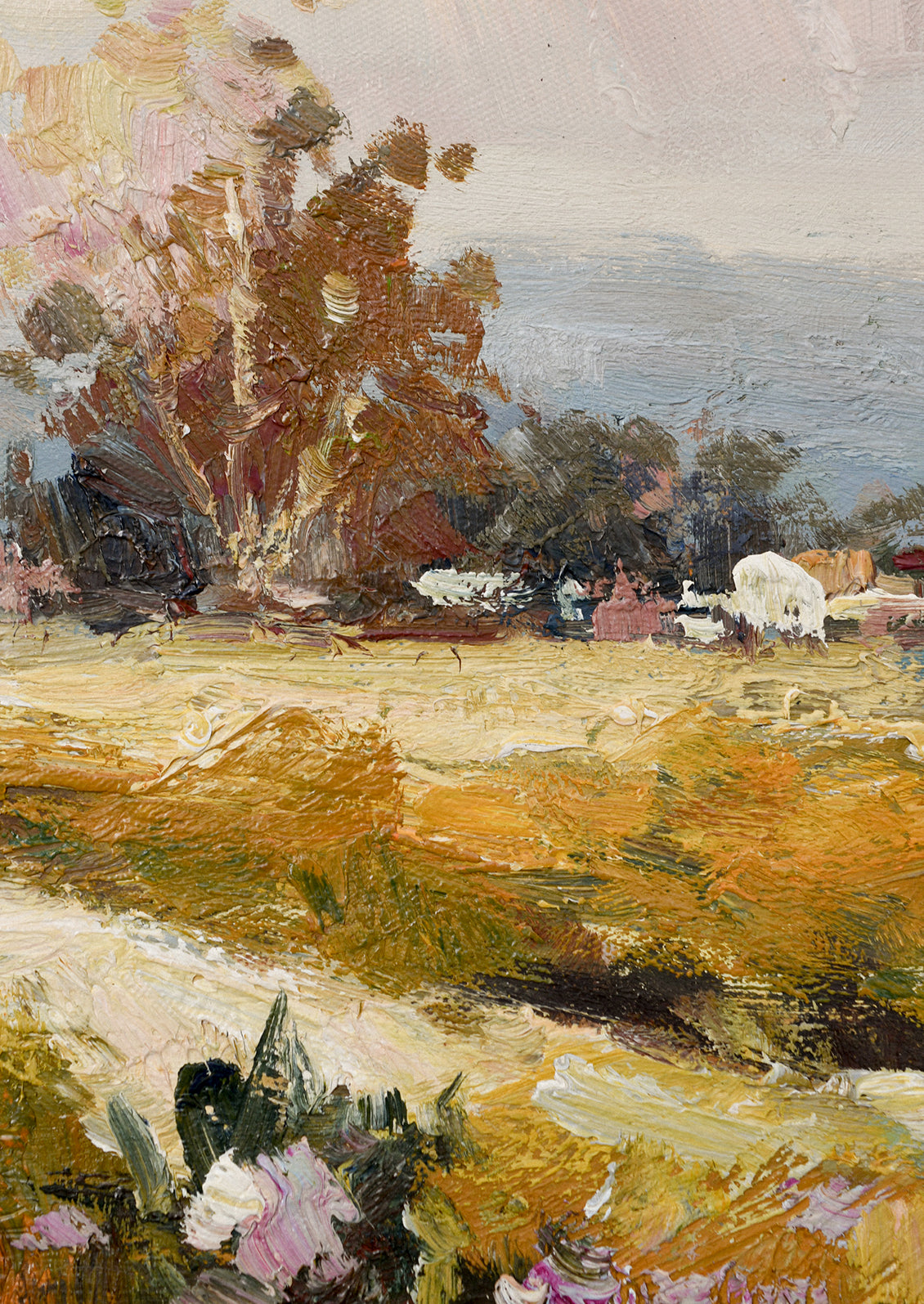 An original oil painting depicting a country landscape scene.