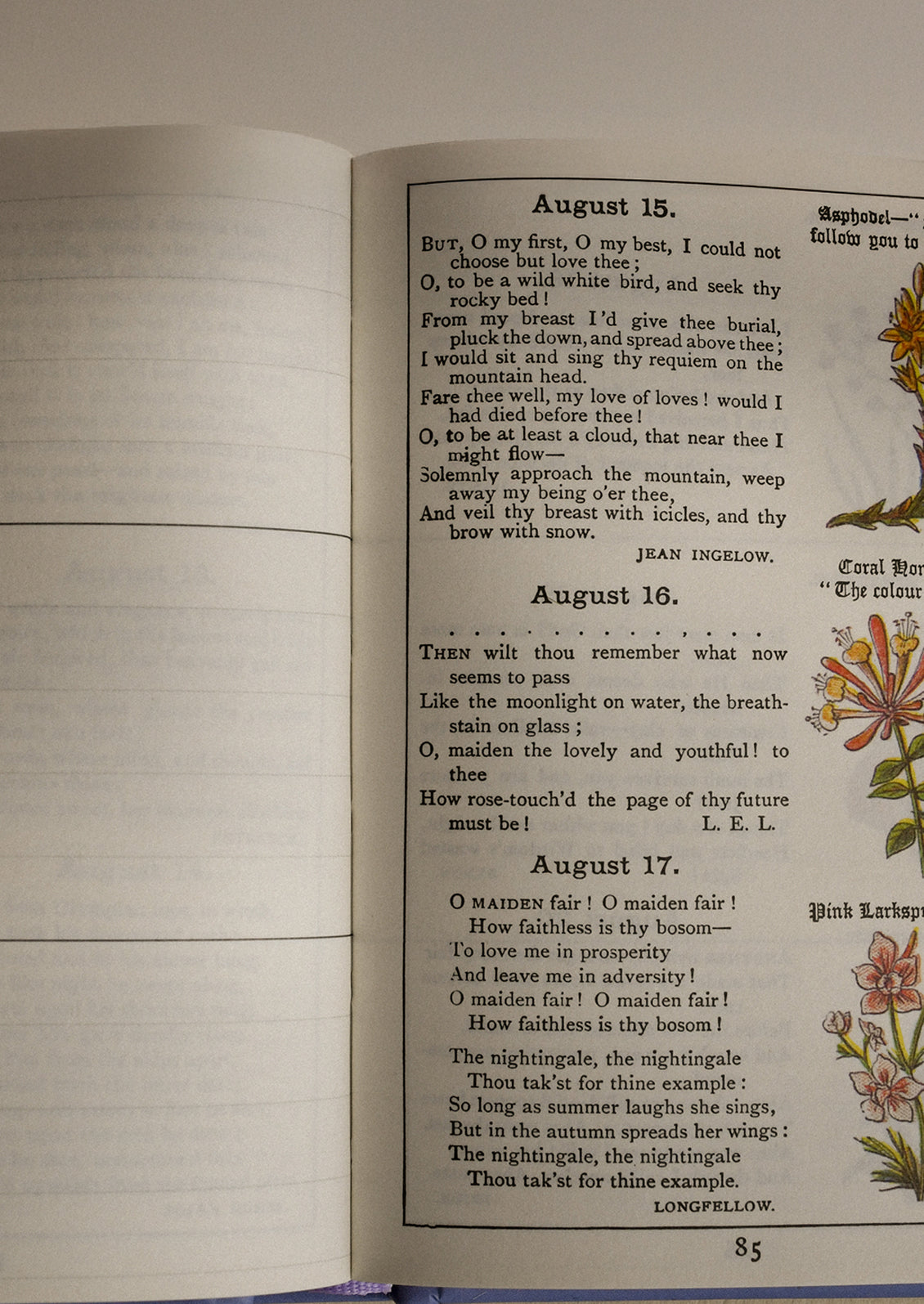 Interior pages of a book with poems and days of the year with corresponding flowers.