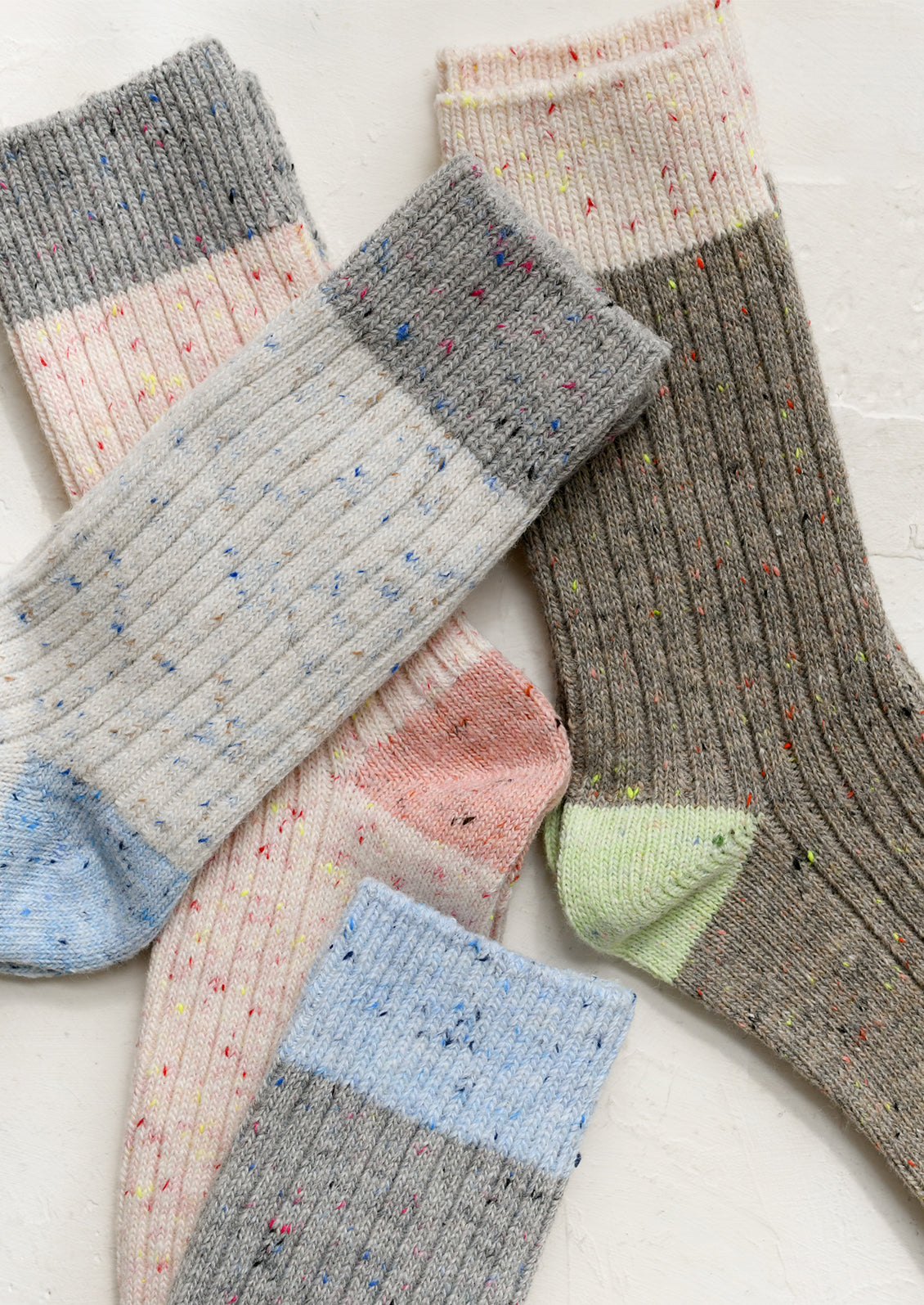 Assorted speckled socks.