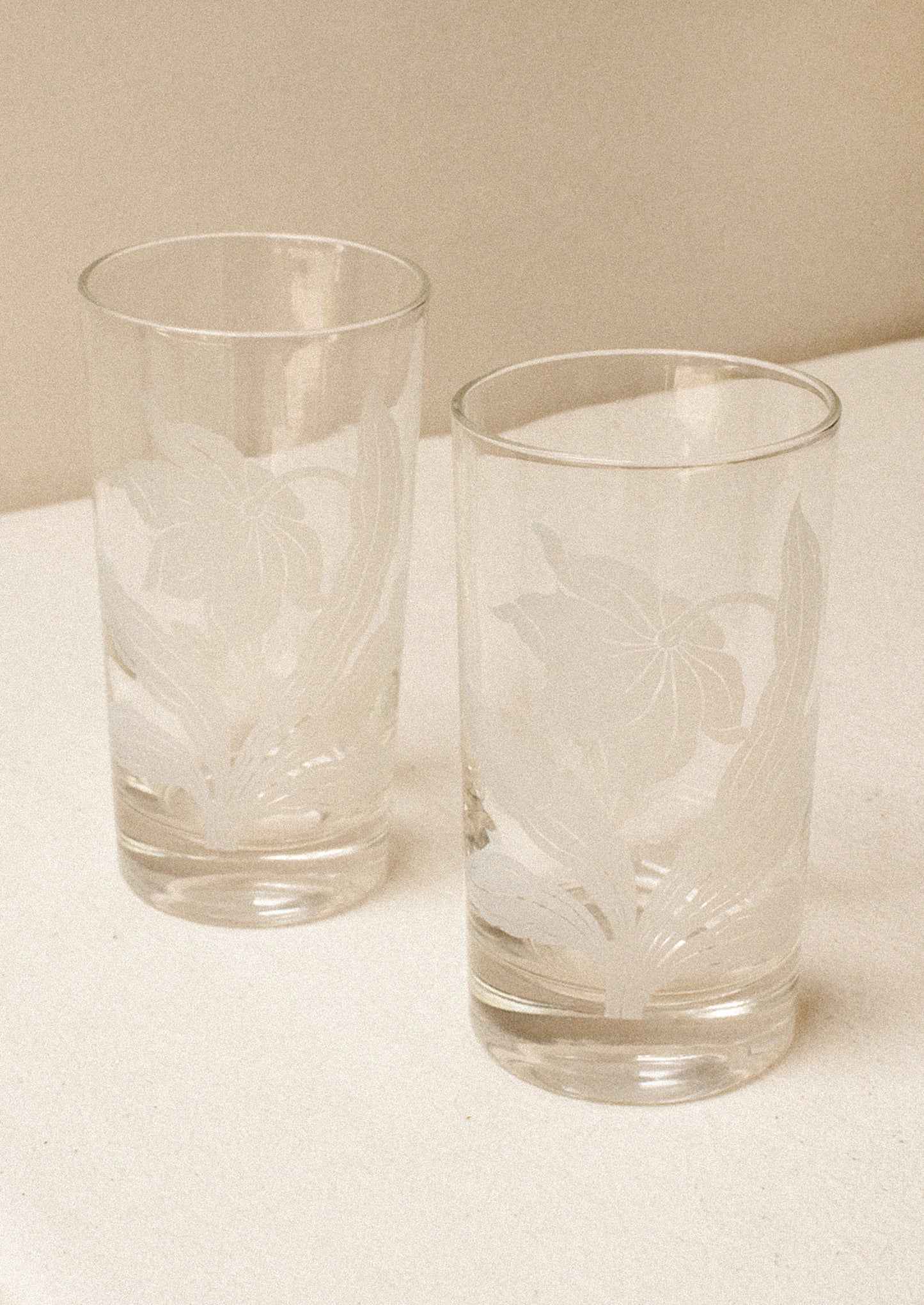 A pair of clear tall tumblers with frosted white daffodil graphic.