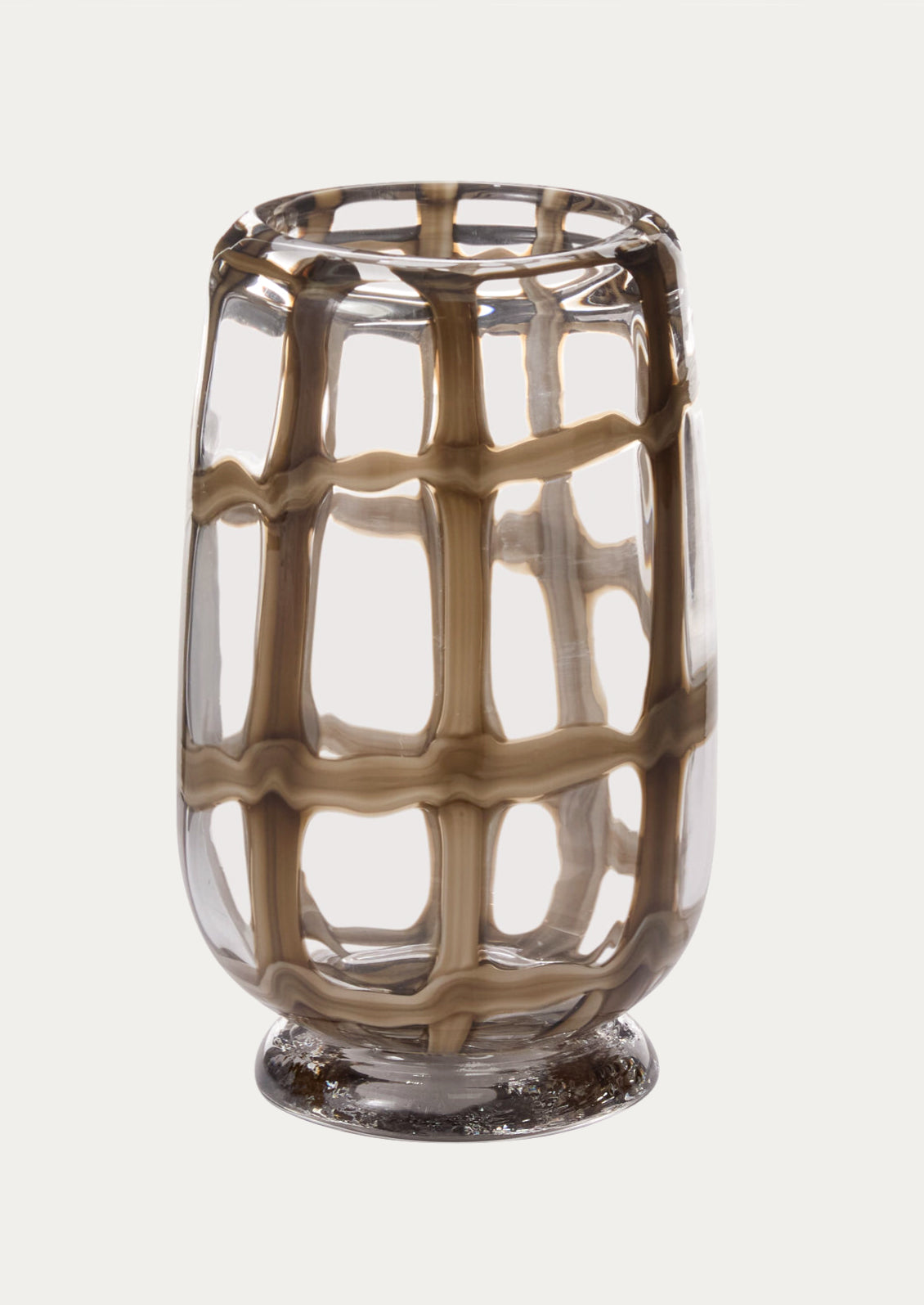 A cylindrical glass vase with footed base, in clear glass with brown grid pattern.