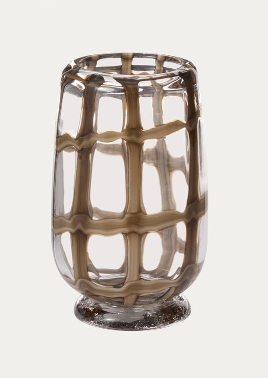 A cylindrical glass vase with footed base, in clear glass with brown grid pattern.