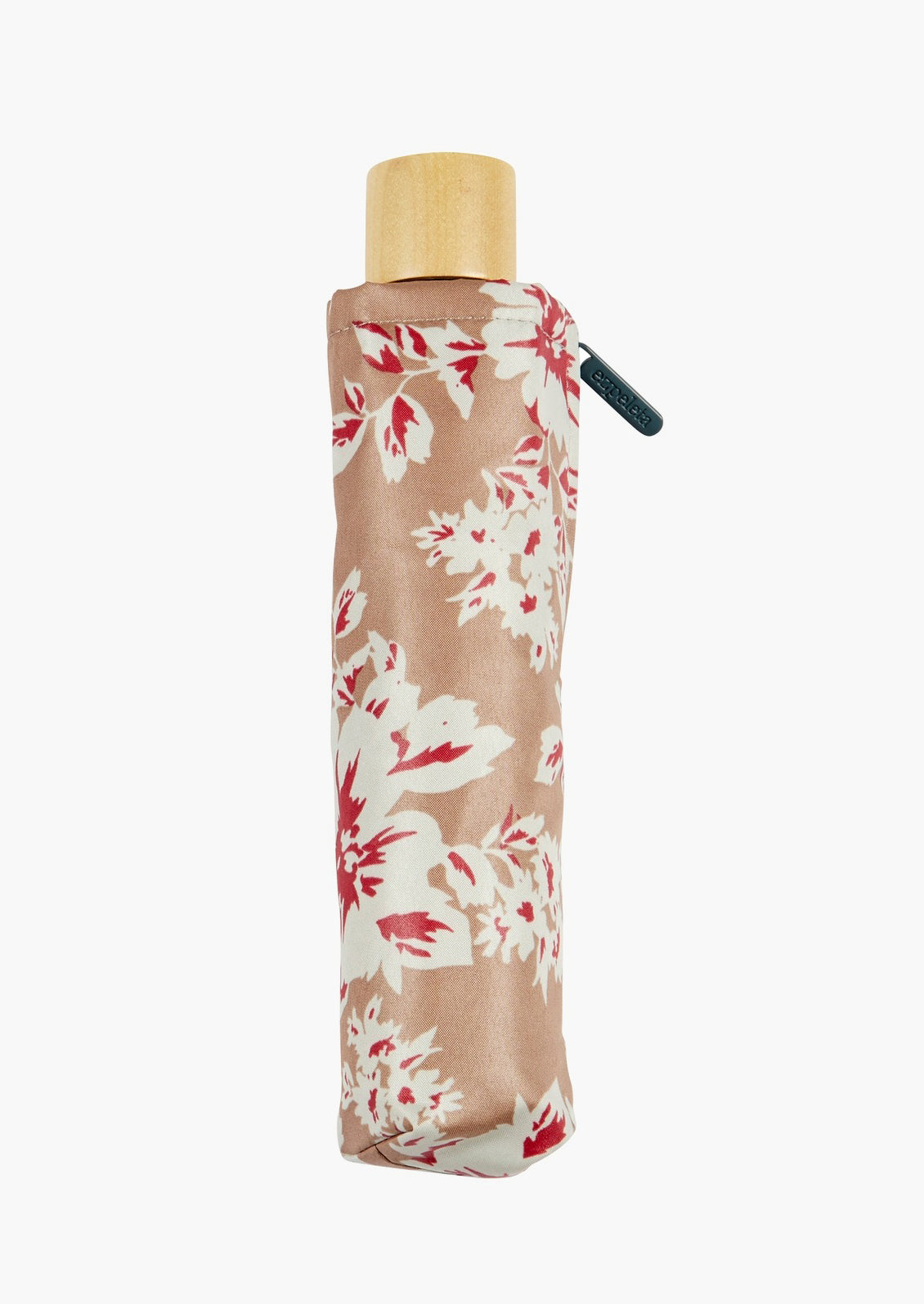 A red and beige floral print umbrella.