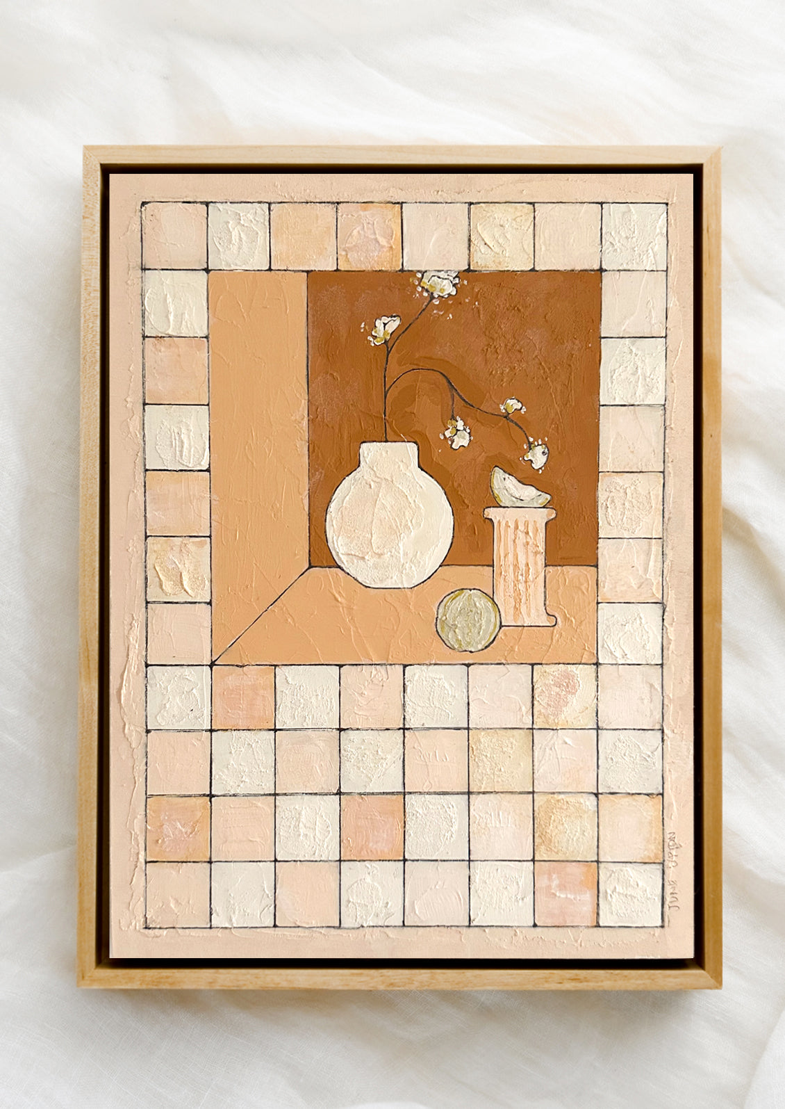 A still life painting with vase and pedestal, flowers and fruit on tile grid.