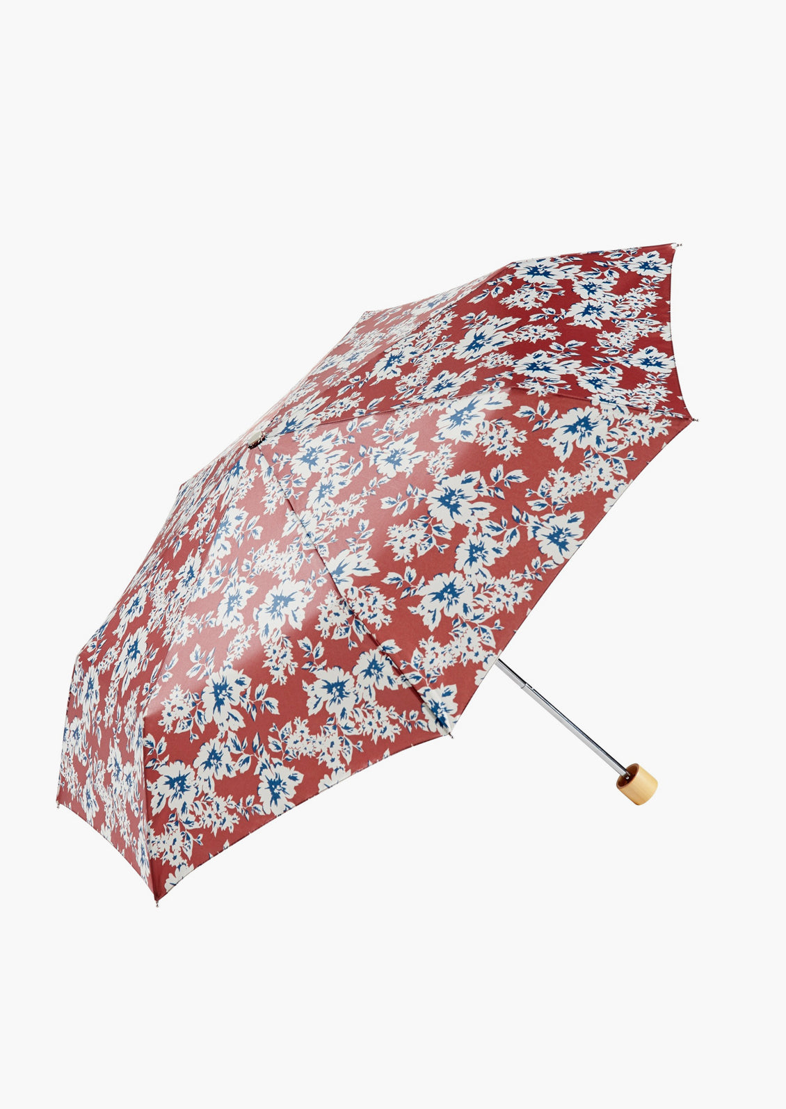 A red and navy floral print umbrella.