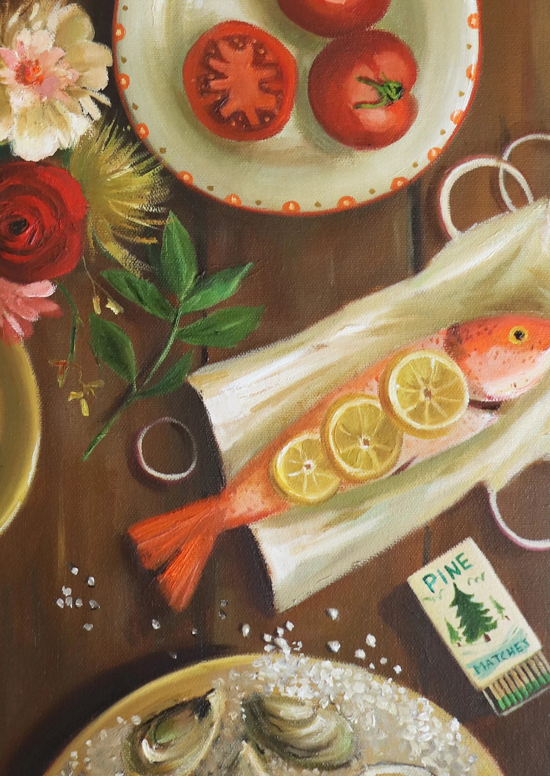 Still life painting with fruits, flowers, and a lobster on a wooden table.