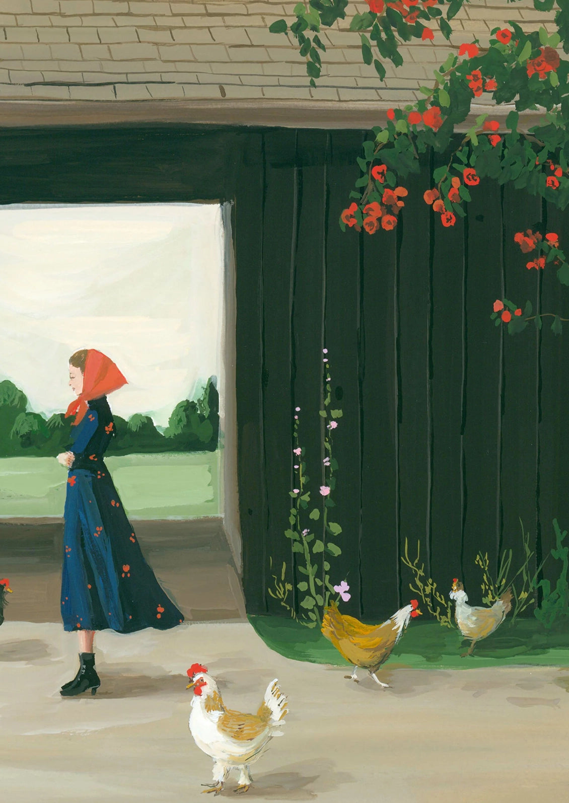 Woman in a blue dress and red bonnet standing near a house with chickens and flowers.
