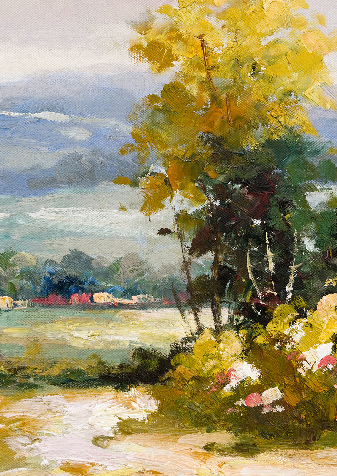 An original oil landscape painting with tree and houses in distance.