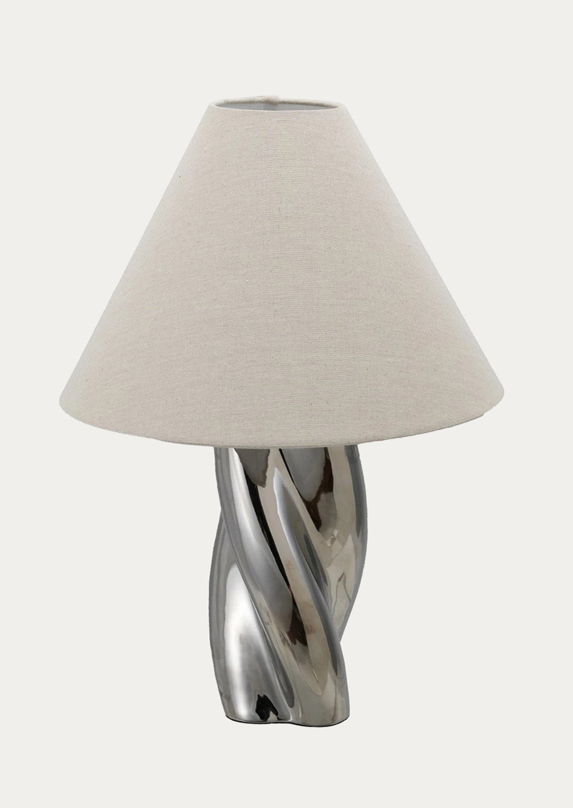Table lamp with a twisted shape chrome base and white shade.