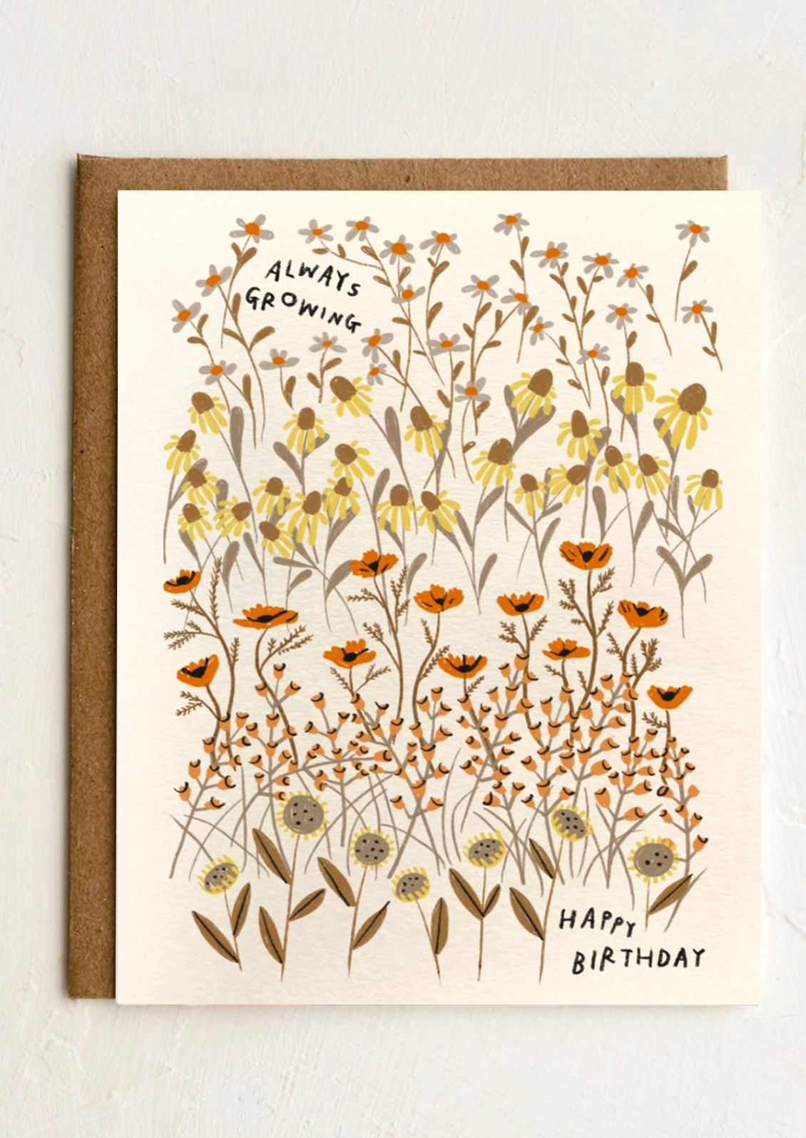 A floral print card reading "Always growing, happy birthday".