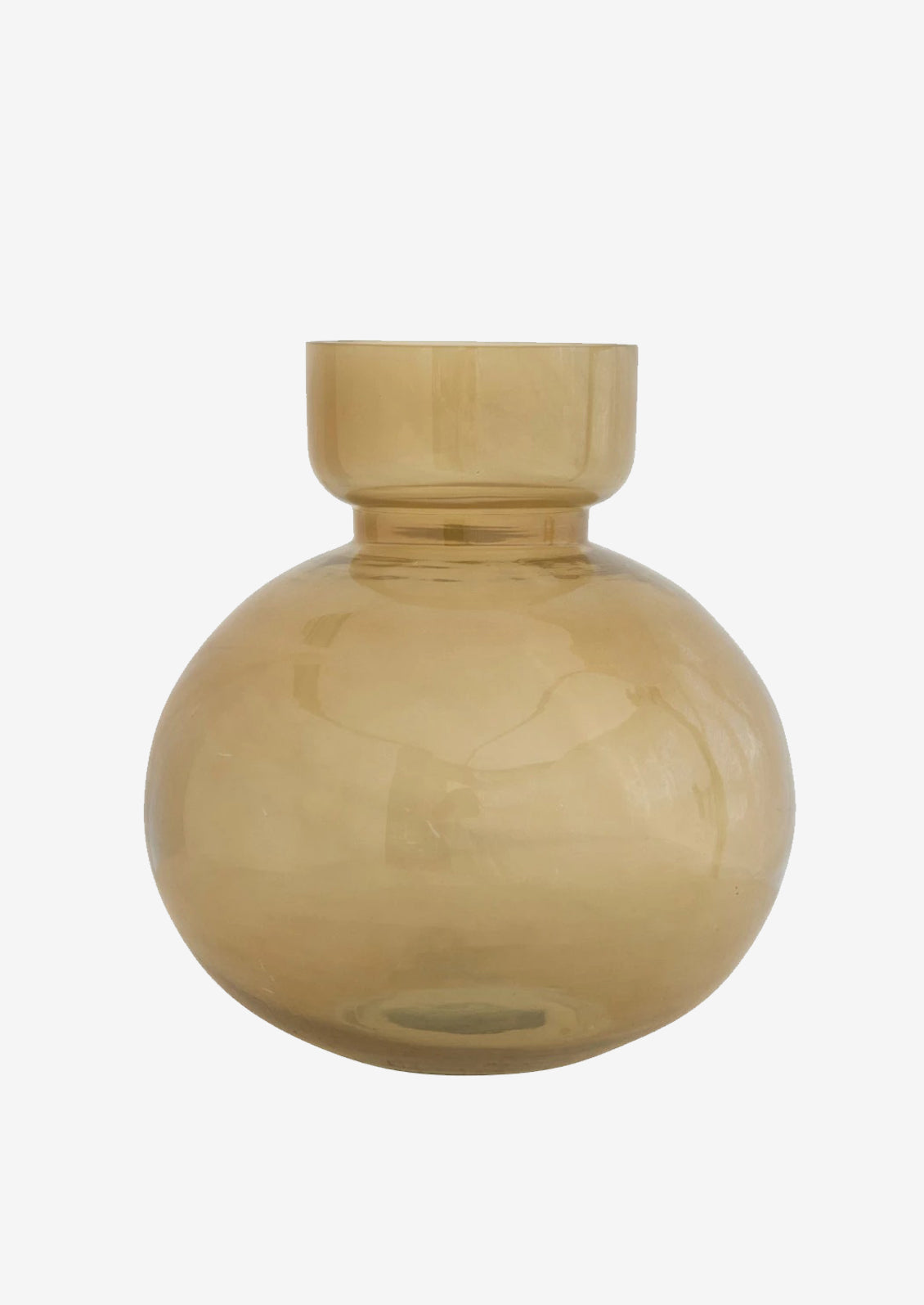 A vase in clear brown glass with round bottleneck shape.