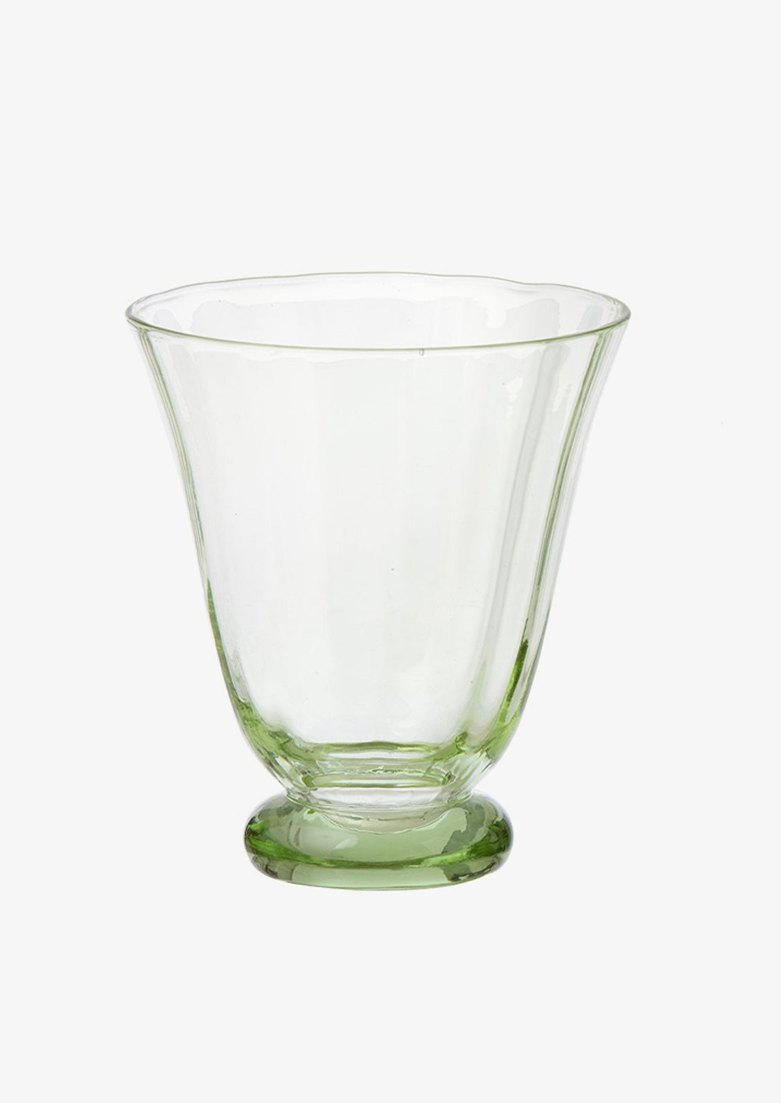 A footed water glass in recycled green tint.