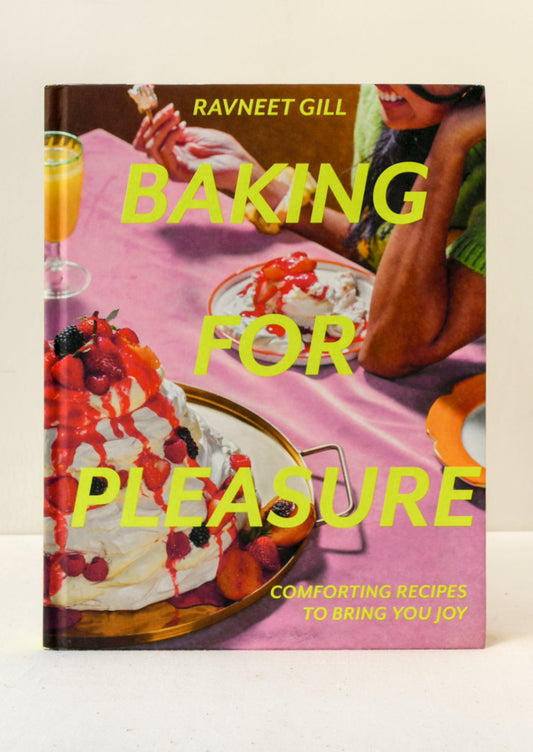 A cookbook titled "Baking for Pleasure" by Ravneet Gill.