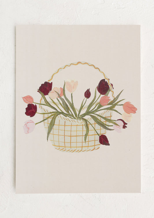 An art print with cream background and illustration of basket of tulips.
